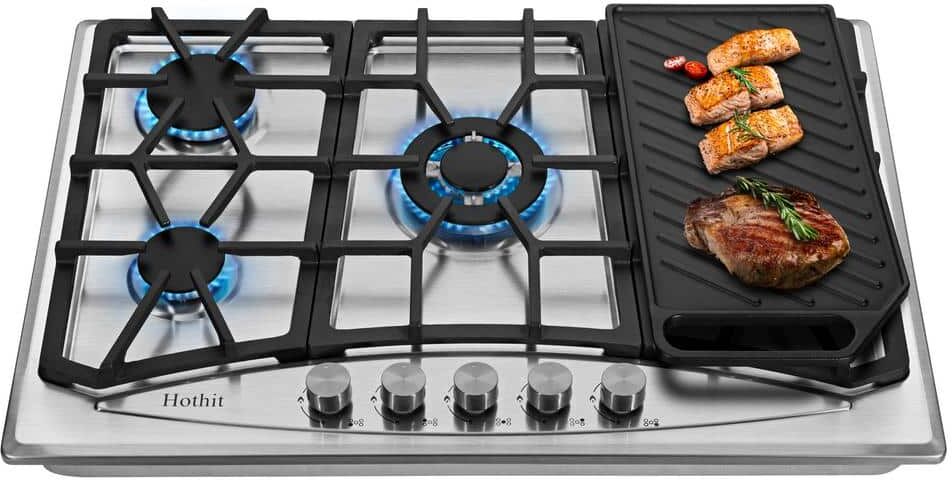 CASAINC 30 in. Gas Stove 5-Burners Recessed Gas Cooktop in Stainless Steel with Cast Iron Griddle and LP Conversion Kit