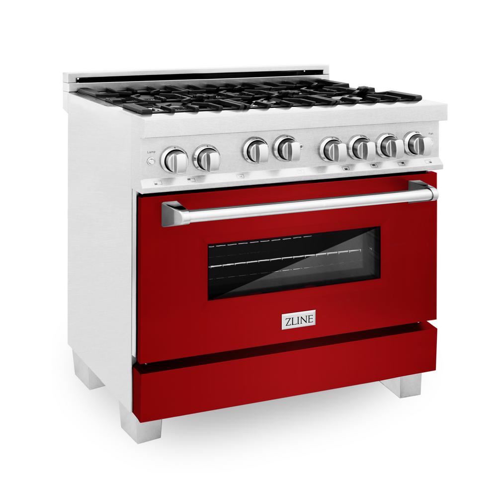 ZLINE Kitchen and Bath ZLINE 36 in. 4.6 cu. ft. Range with Gas Stove and Gas Oven in DuraSnow Stainless Steel andh Red Gloss Door (RGS-RG-36), DursaSnow® with Red Gloss door