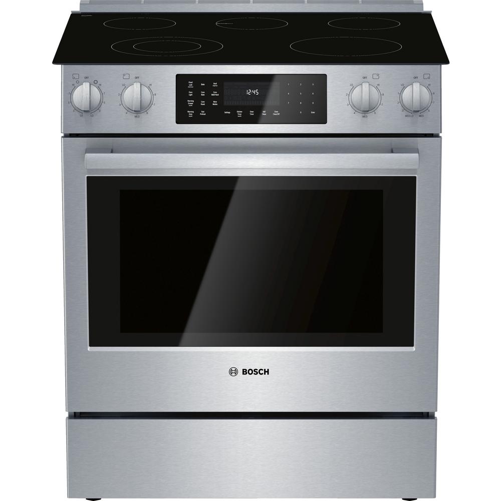 Bosch 800 Series 30 in. 4.6 cu. ft. Slide-In Electric Range with Self-Cleaning Convection Oven in Stainless Steel, Silver