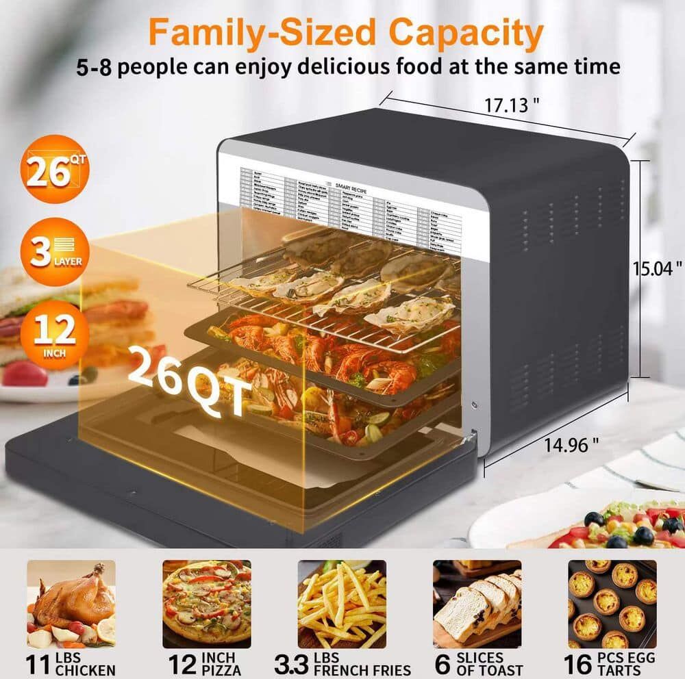 Amucolo 1650 W 6-Slice Black Stainless Steel Air Fryer Toaster Oven 26 qt. Steam Convection Countertop Oven 50-Cooking Presets