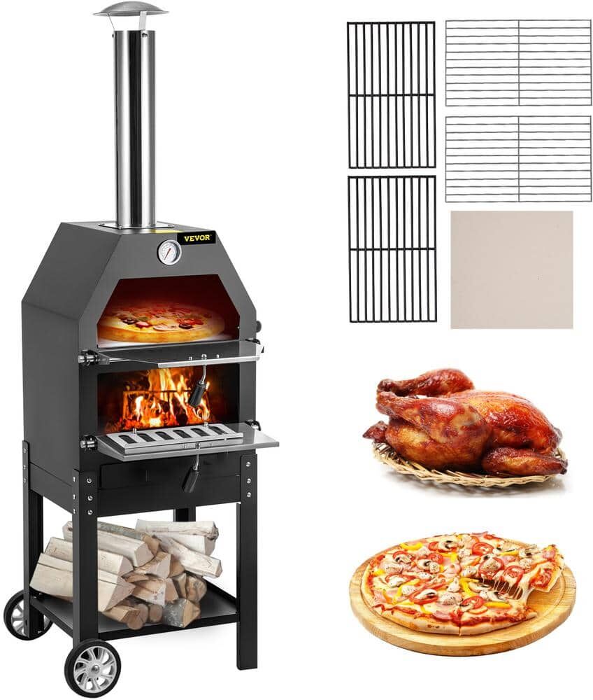 VEVOR Pizza Oven 12 in. Removable Wheels 2-Layer Charcoal Burning Outdoor Pizza Oven with Pizza Stone for Barbecue in Black