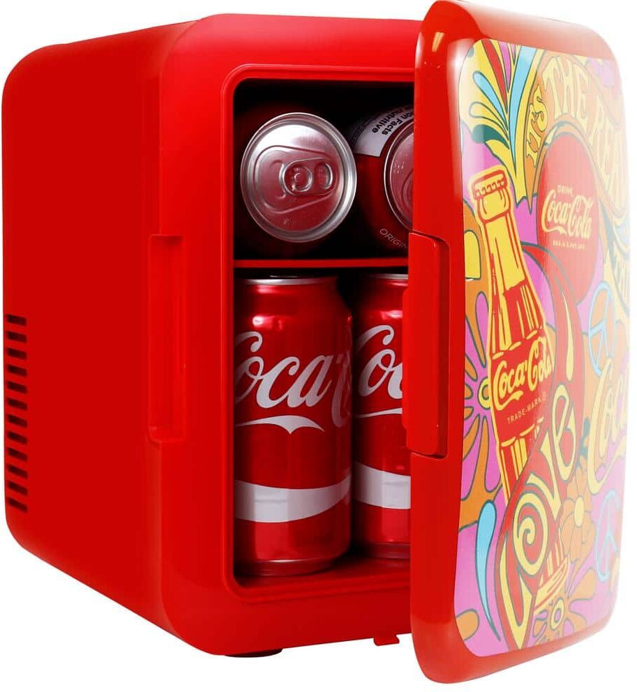 Coca-Cola Peace 1971 Series 4L Cooler/Warmer with12V DC and 110V AC Cords, 6 Can Portable Mini Fridge