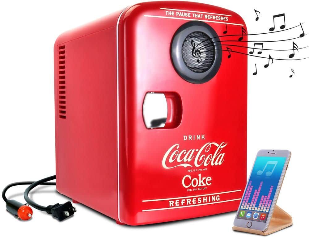 Coca-Cola 4L Cooler/Warmer with Bluetooth Speaker,12V DC and 110V AC Cords, 6 Can Mini Fridge, Red