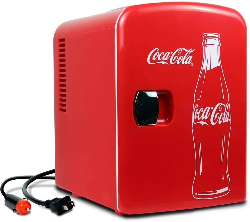 Coca-Cola Classic Coke Bottle 4L Mini Fridge with12V DC and 110V AC Cords, 6 Can Portable Cooler Red