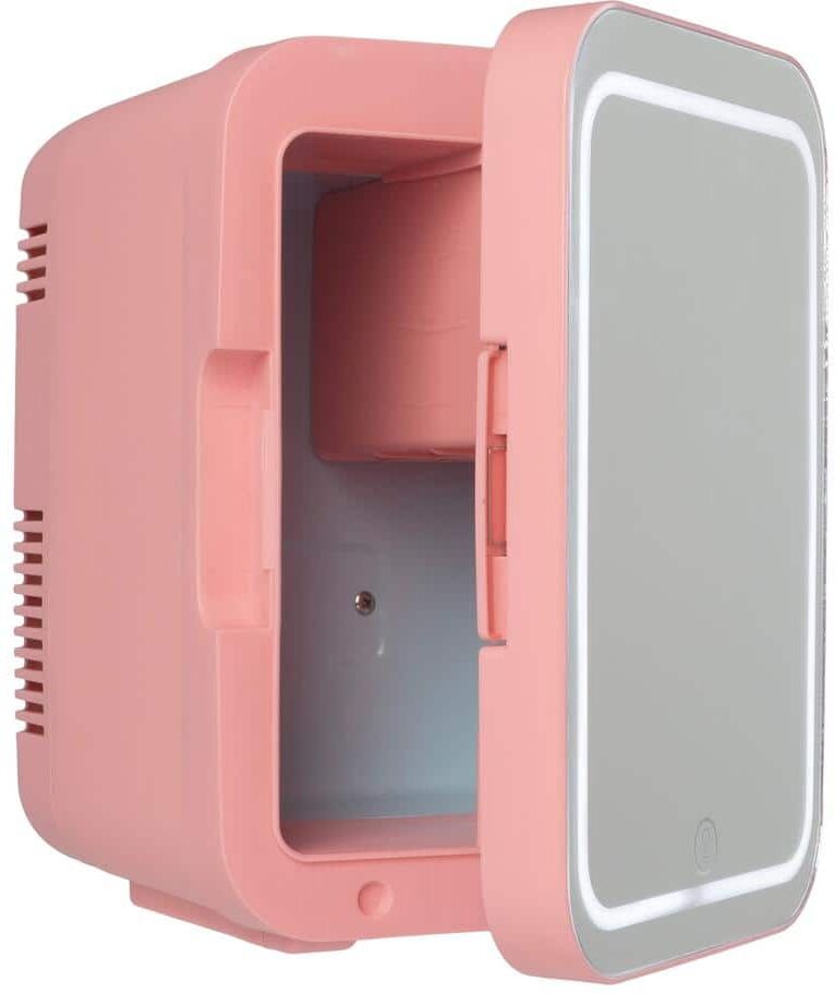 HOME-COMPLETE 8.75 in. 0.15 cu. ft. Portable Beauty Makeup Skincare LED Mirror Mini Refrigerator in Pink