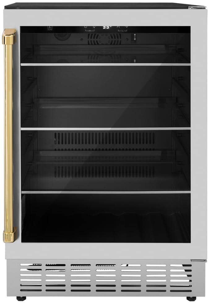 ZLINE Kitchen and Bath Monument Autograph Edition 24 in. Single Zone 154-Can Beverage Fridge with Polished Gold Handle in Stainless Steel