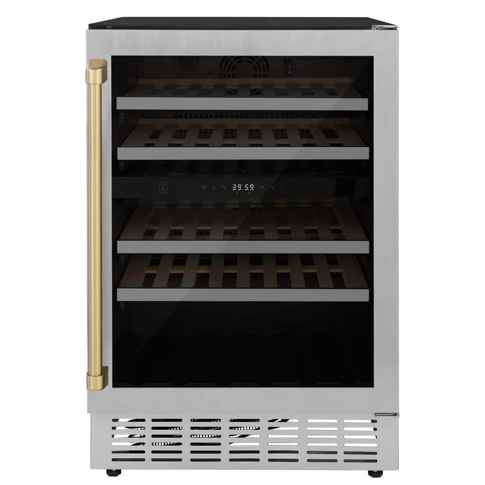 ZLINE Kitchen and Bath Monument Autograph Edition 24 in. Dual Zone 44-Bottle Wine Cooler with Champagne Bronze Handle in Stainless Steel