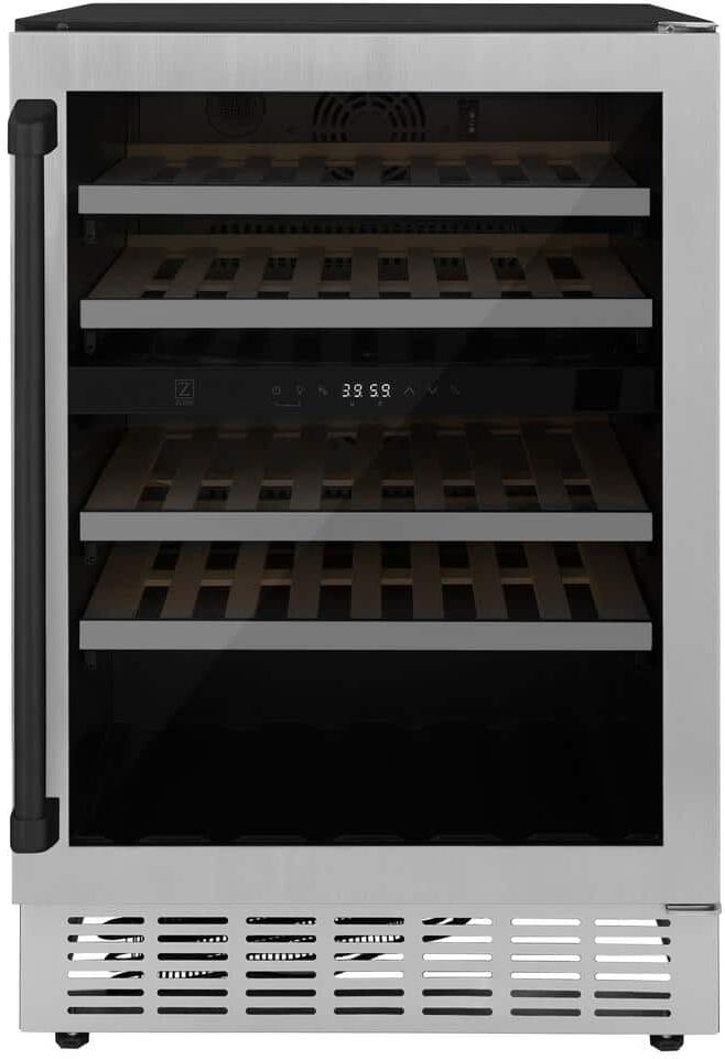 ZLINE Kitchen and Bath Monument Autograph Edition 24 in. Dual Zone 44-Bottle Wine Cooler with Matte Black Handle in Stainless Steel