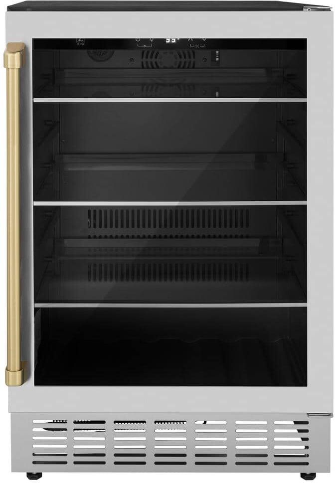 ZLINE Kitchen and Bath Monument Autograph Edition 24 in. Single Zone 154-Can Beverage Fridge with Champagne Bronze Handle in Stainless Steel