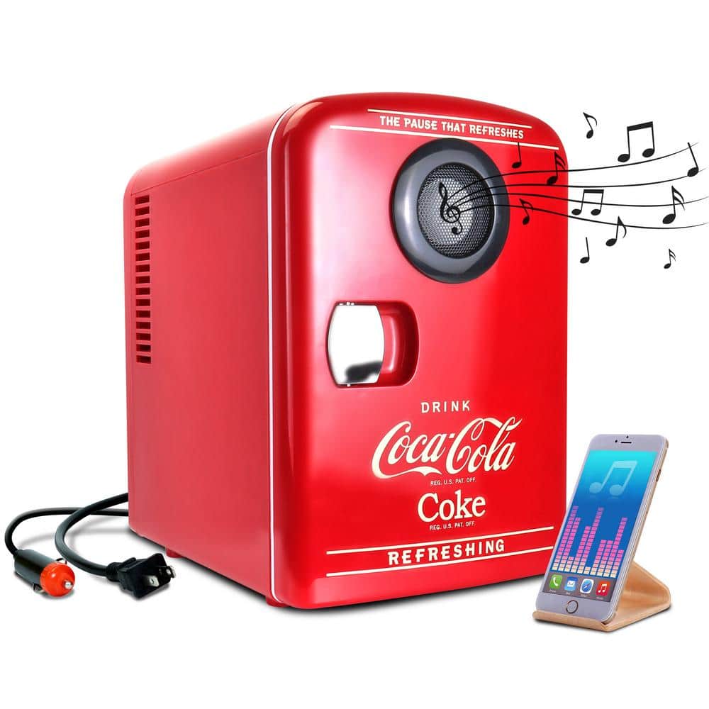 Coca-Cola 4L Cooler/Warmer with Bluetooth Speaker,12V DC and 110V AC Cords, 6 Can Mini Fridge, Red