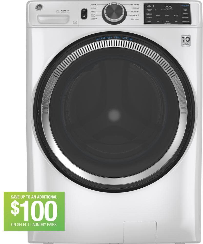 GE 4.8 cu. ft. Smart White Front Load Washer with OdorBlock UltraFresh Vent System and Sanitize with Oxi