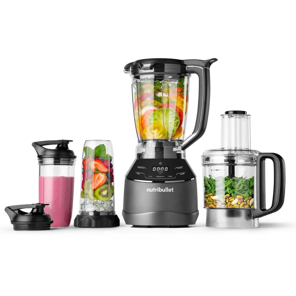 NutriBullet 64 Oz Triple Prep System 3 Speed Multifaceted Blender 7 Cup Food Processor Attachment in Gray