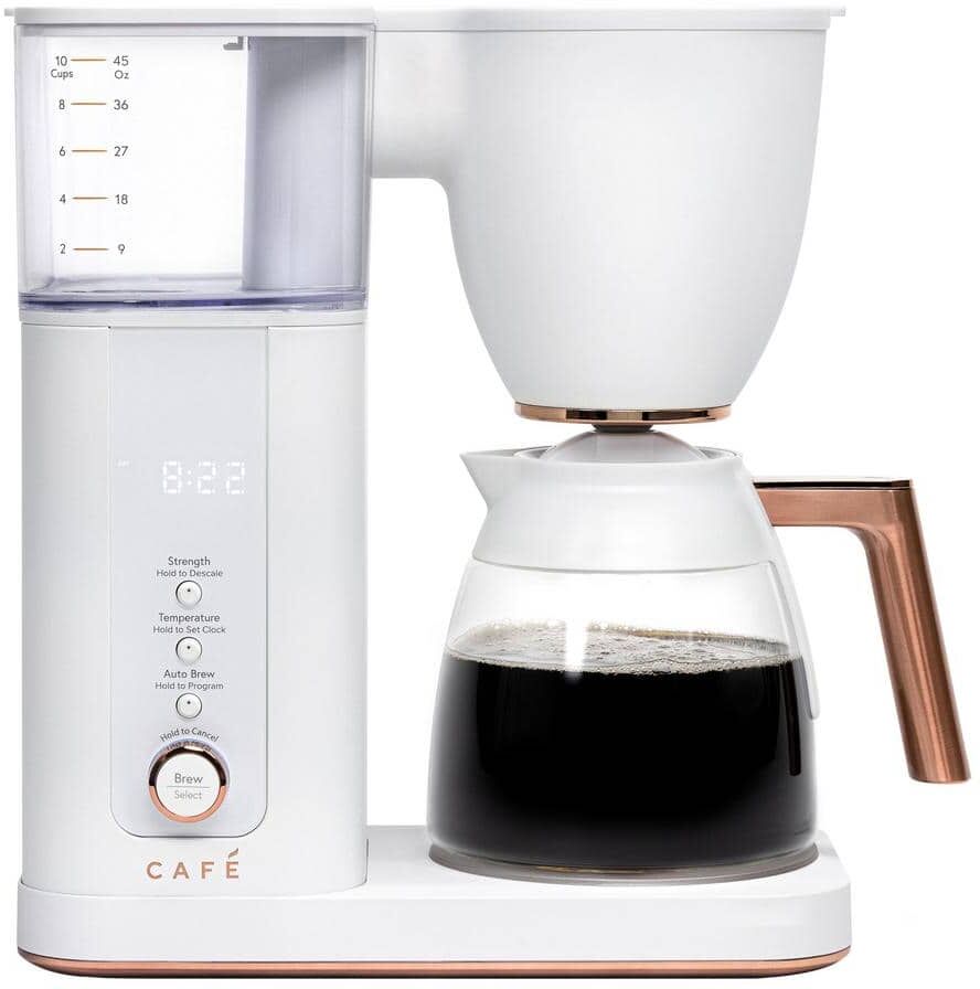 Cafe 10 Cup Matte White Specialty Drip Coffee Maker with Glass Carafe and warming plate, Wi-Fi connected