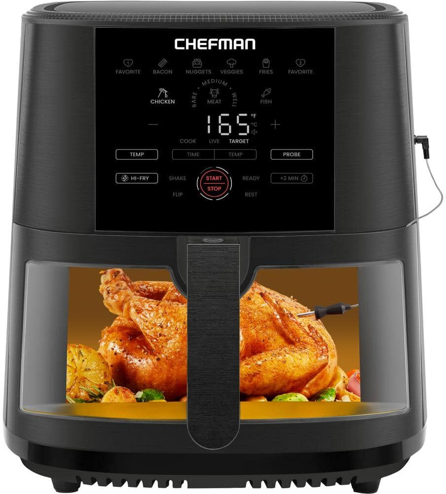 Chefman 8 qt. Black Air Fryer with Probe Thermometer, 8-Preset Functions, 1-Touch Digital Display, and Window