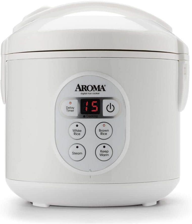 AROMA 8-Cup White Digital Rice Cooker in Black Control Panel