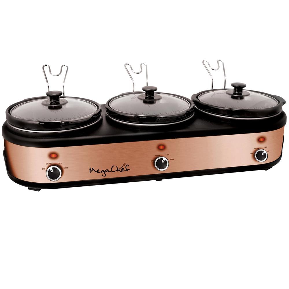 MegaChef Triple 2.5 Qt. Slow Cooker and Buffet Server in Copper with 3-Pots and Lid Rests