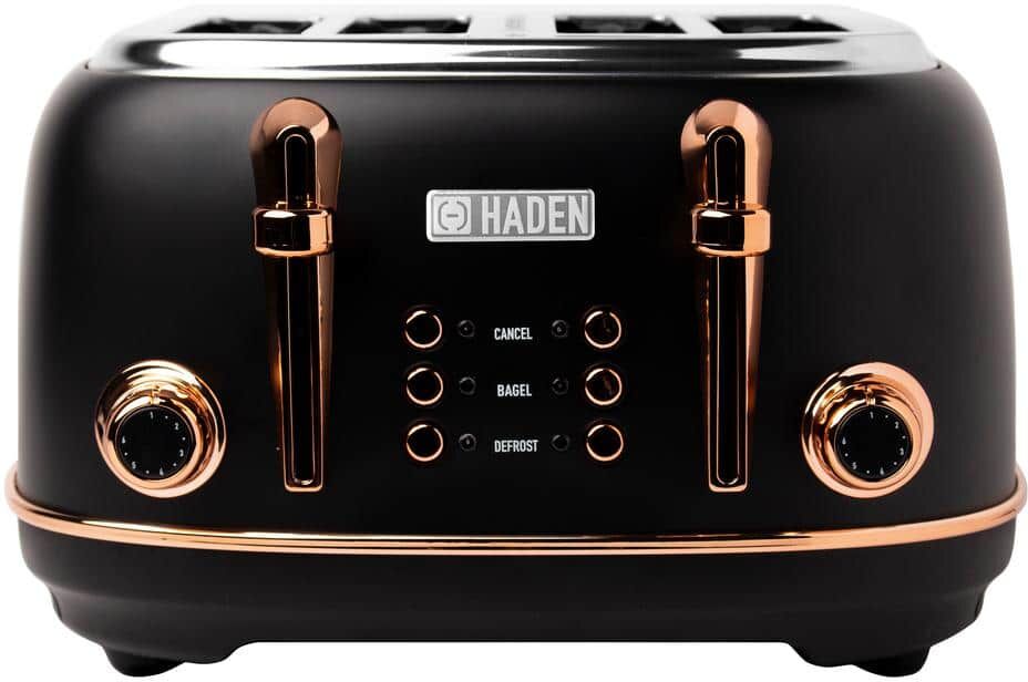 HADEN Heritage 1500-Watt 4-Slice Black and Copper Wide Slot Retro Toaster with Removable Crumb Tray and Browning Control