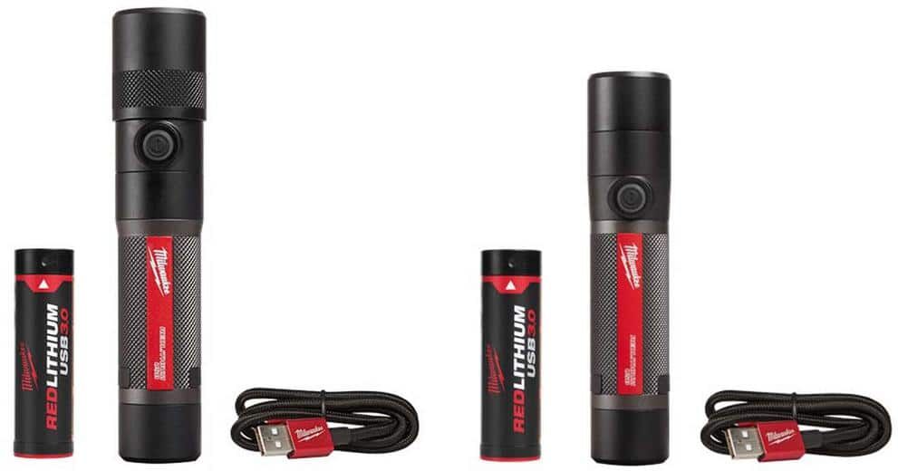 Milwaukee 1100 Lumens LED USB Rechargeable Twist Focus Flashlight & 800 Lumens USB Rechargeable Fixed Focus Flashlight (2-Pack)