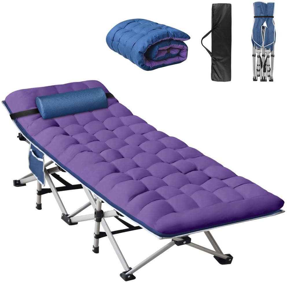 SEEUTEK Orhan Outdoor Folding Camping Cot with Pillow and Mattress for Adults, Sleeping Cot Bed for Tent, Purple+Blue Pad