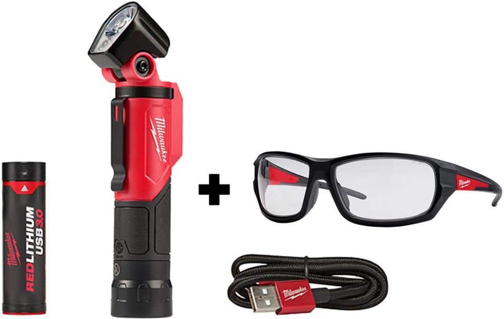 Milwaukee 500 Lumens LED Pivoting REDLITHIUM USB Flashlight with Performance Safety Glasses