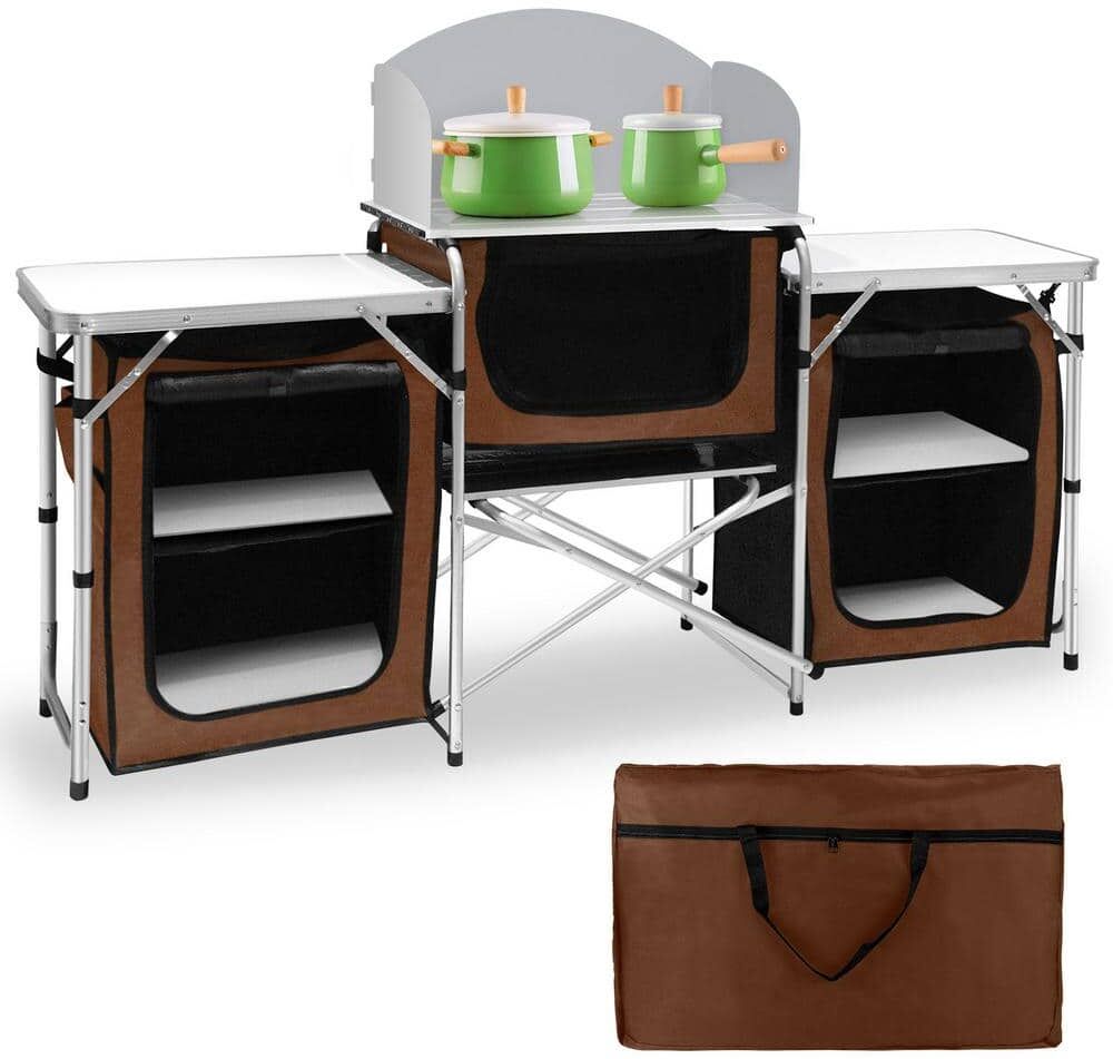 SEEUTEK Trigg Brown Outdoor Camping Kitchen with 3 Zippered Bags Camping Cook Table with 2 Aluminum Side Tables