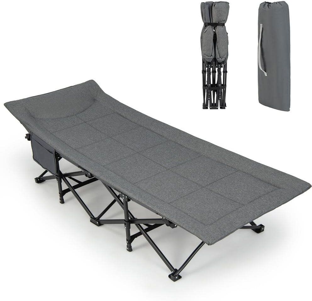 Gymax Folding Camping Cot Portable Tent Sleeping Bed with Cushion Headrest Carry Bag Grey