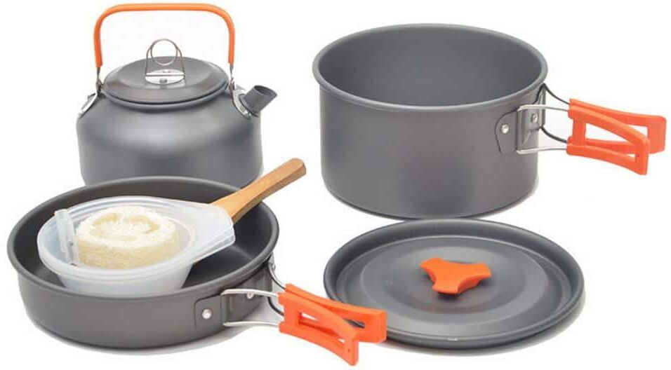 Afoxsos Portable Camping Cooker Outdoor Pot Set for 2-People to 3-People with Orange Handles and Tableware