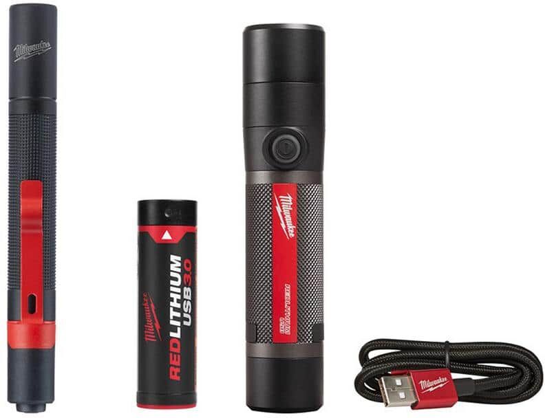 Milwaukee 800 Lumens LED USB Rechargeable HP Fixed Focus Flashlight and 100 Lumens Aluminum Pen Light with Clip (2-Pack)