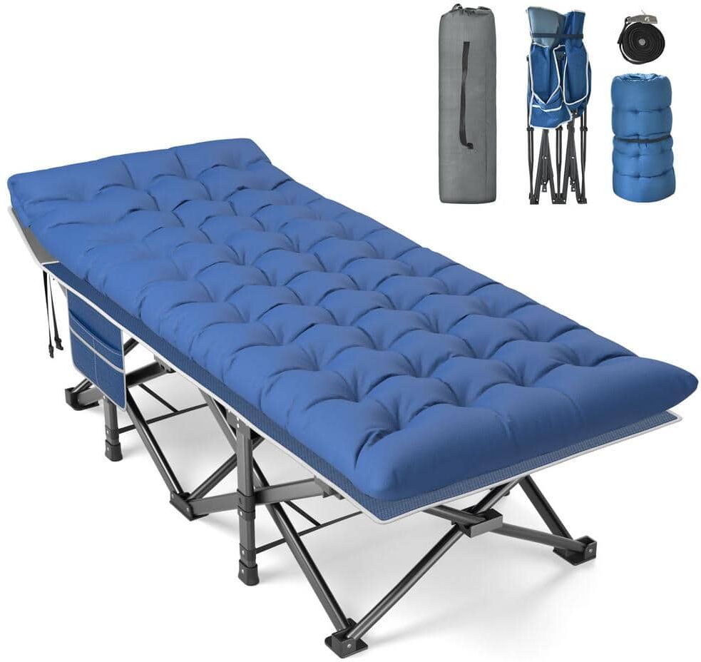 SEEUTEK Trigg 31.5 in. Outdoor Folding Cots for Camp with Carry Bag Portable Sleeping Camping Cot, Blue Bed+Blue Pad