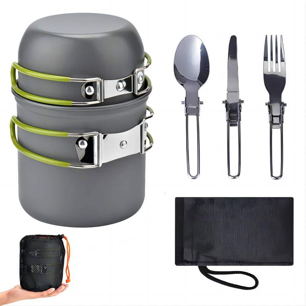 Afoxsos Portable Camping Cooker Outdoor Pot Set for 1 to 2-People with Green Handles and Stainless Steel Cutlery