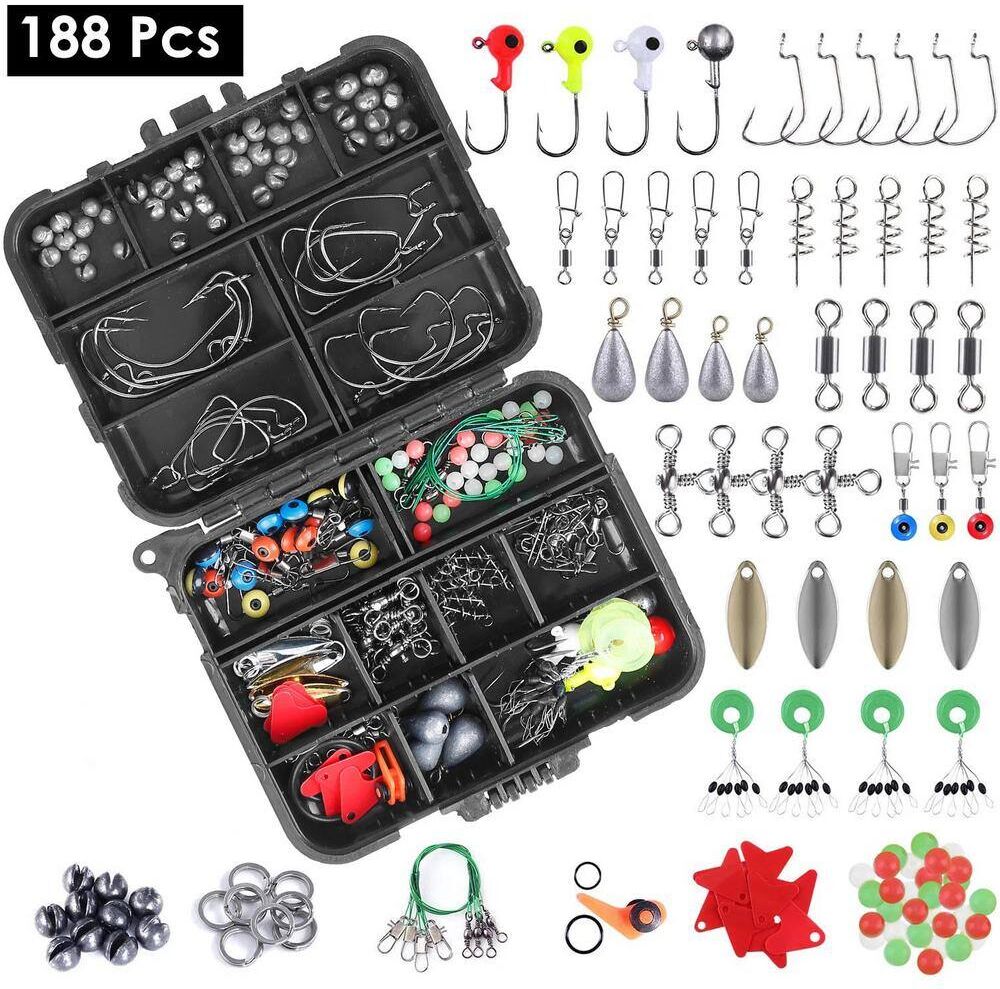 ITOPFOX 188Pcs Fishing Accessory Kit Portable Fishing Set Including Jig Hooks Sinker Weights Spoon Lure