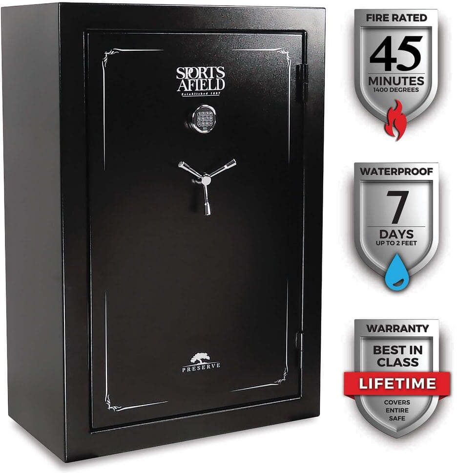 Sports Afield Preserve 40-Gun Fire and Waterproof Gun Safe with Electronic Lock, Black Textured Gloss