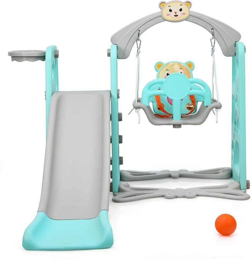 Costway 4-in-1 Toddler Climber and Swing Set with Basketball Hoop and Ball Green