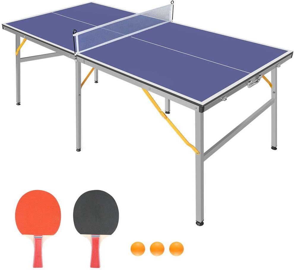 Zeus & Ruta 6 ft. Mid-Size Tennis Table Foldable & Portable Ping Pong Table Set with Net, 2 Table Tennis Paddles and 3 Balls in Blue