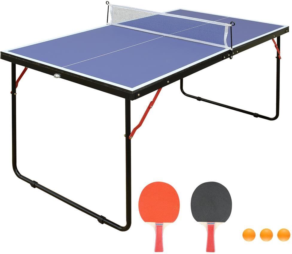 Cesicia 54 in. W Blue Midsize Foldable & Portable Table Tennis Table Set with Net and 2 Ping Pong Paddles for Outdoor Game