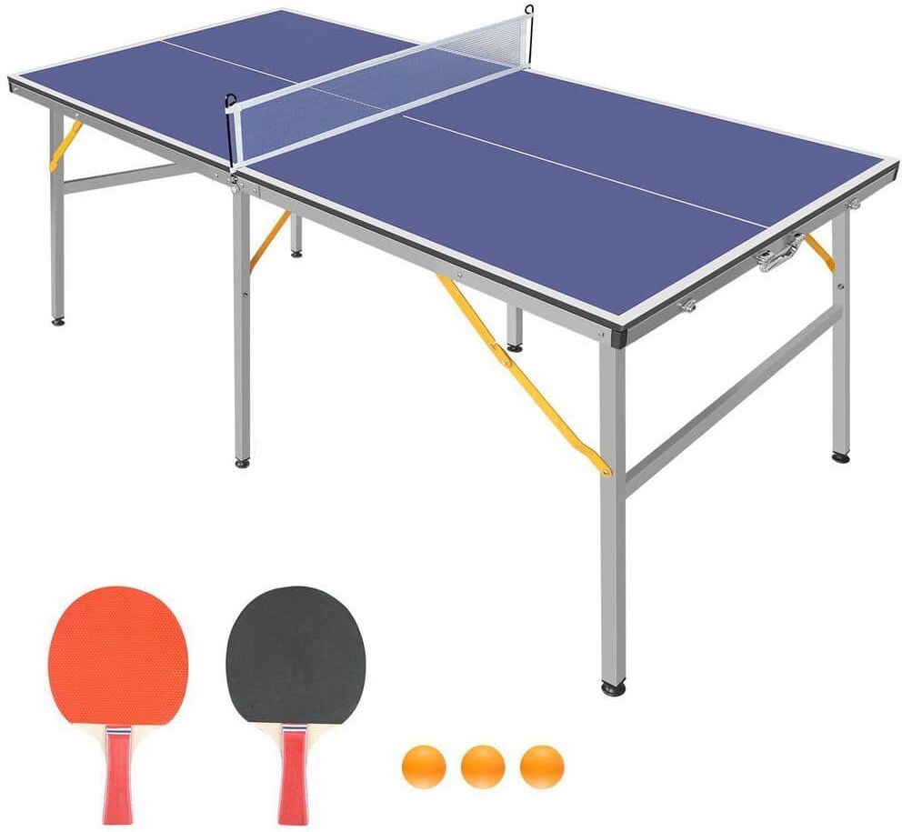 Tidoin 6 ft. Mid-Size Table Tennis Table Foldable Portable Ping Pong Table Set with Net, 2 Table Tennis Paddles and 3 Balls