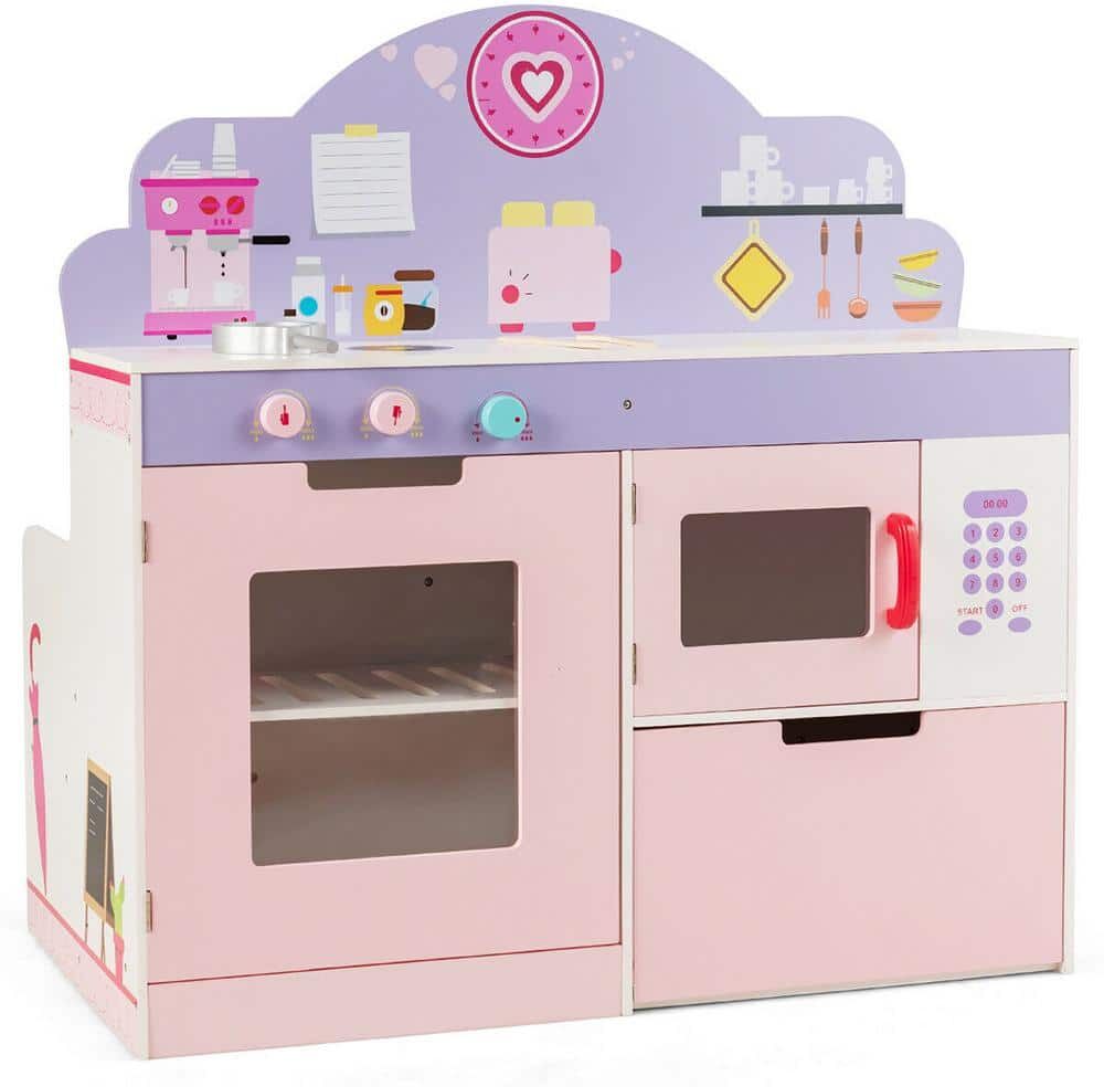 Costway 2-in-1 Kids Play Kitchen and Cafe Restaurant Wooden Pretend Cooking Playset Toy Pink