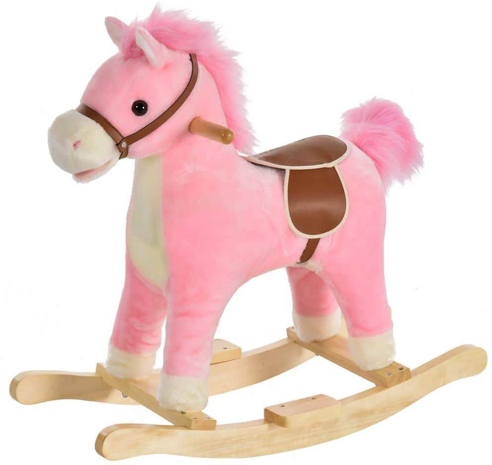 Qaba Rocking Horse Plush Animal with Sounds, Wooden Base for 36-Month to 72 -Months, Pink