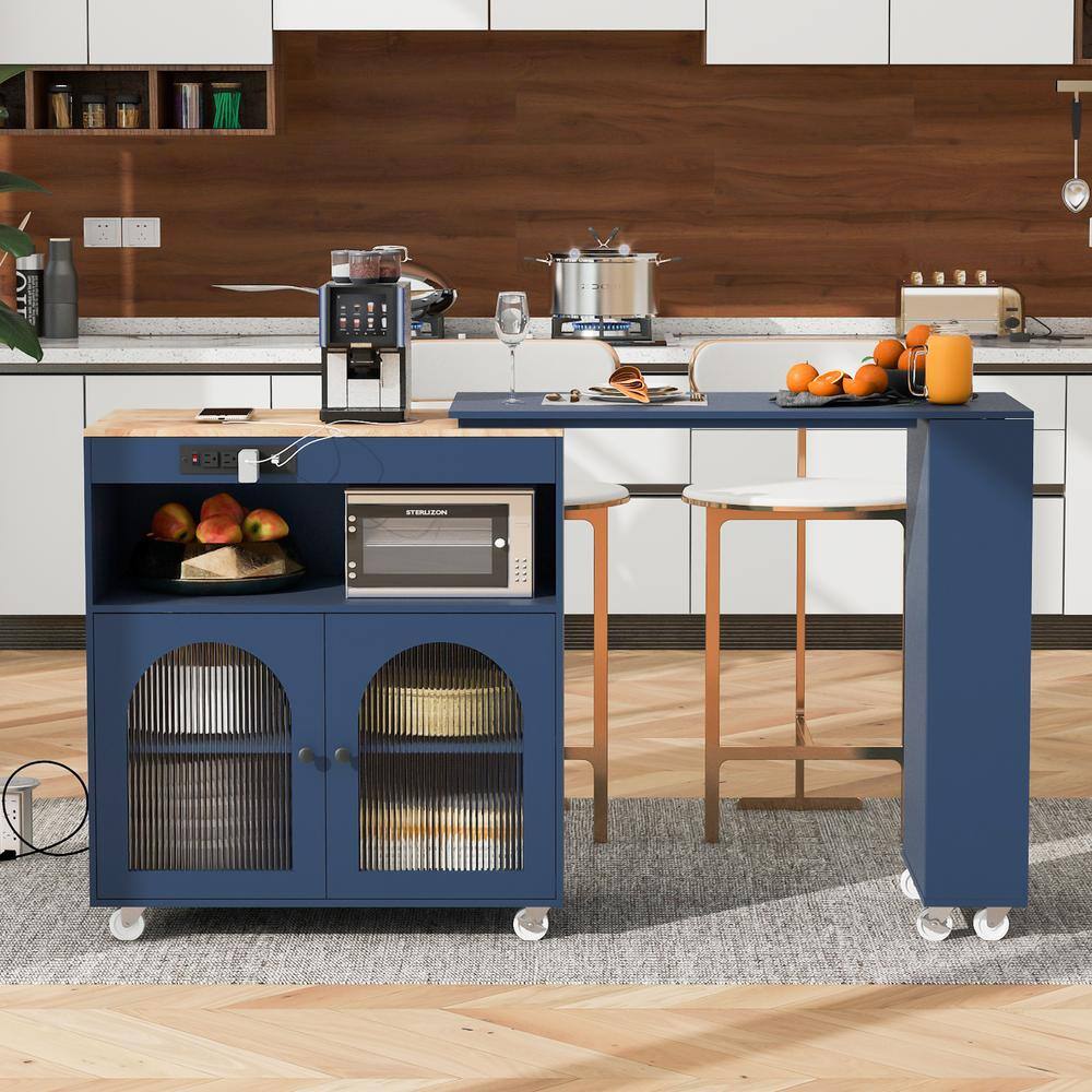Xzkai Navy Blue Wood 56.3 in. Kitchen Island with a storage compartment and 3 side open shelves