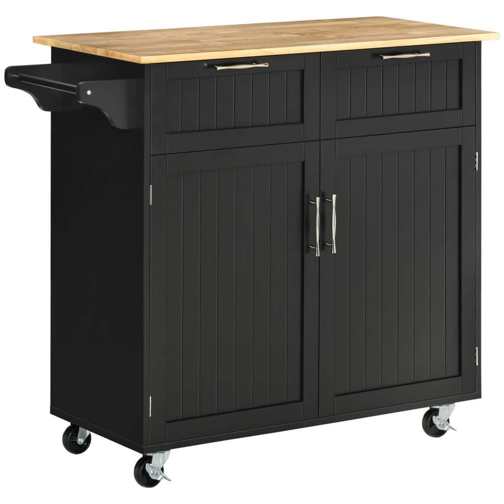 Black Wood 41 in. Rolling Kitchen Island Utility Cart Storage Trolley with Rubberwood Top and Drawers on Wheels