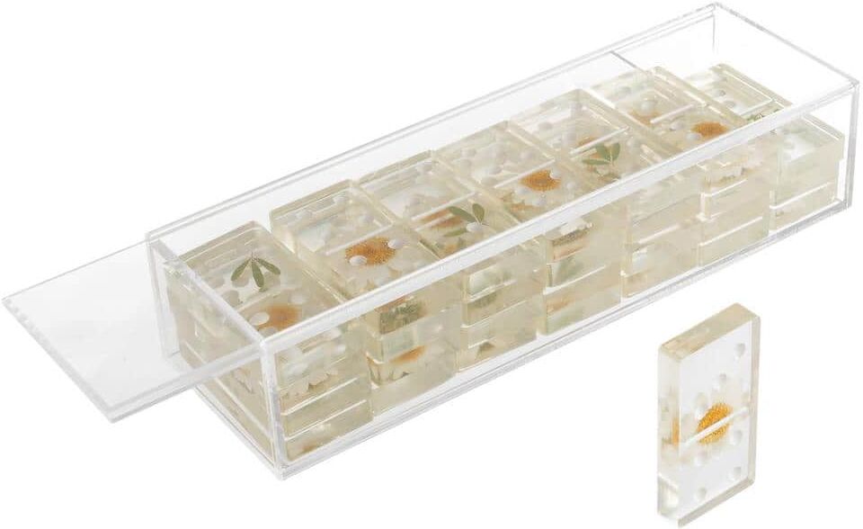 Trademark Games Acrylic Clear 28-Pieces Domino Game with Display Box Strategy Game, Tabletop Decoration and Modern Home Decor Daisy