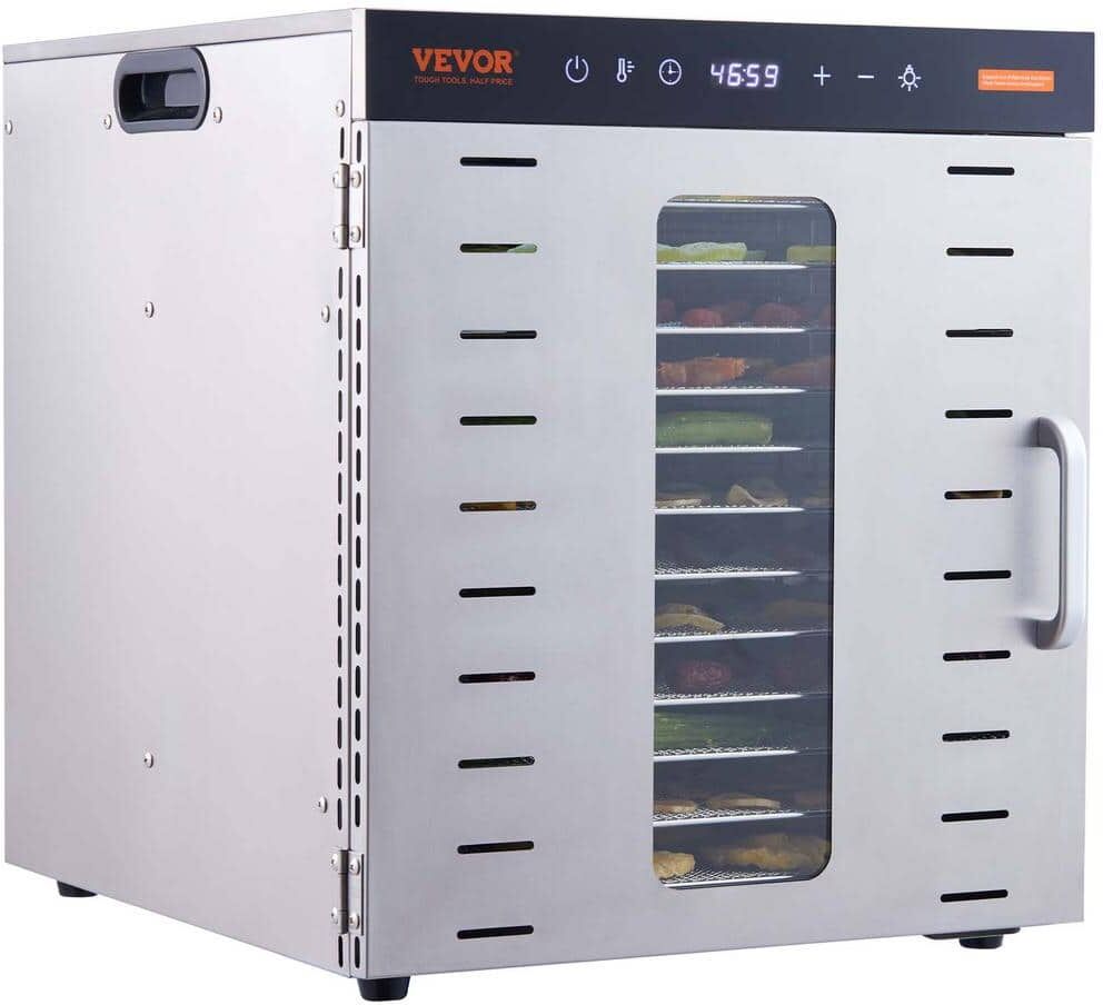 VEVOR Food Dehydrator Machine w/10-Tray Silver, 1000-Watts Silver Dehydrator w/Adjustable Temperature, FDA Listed