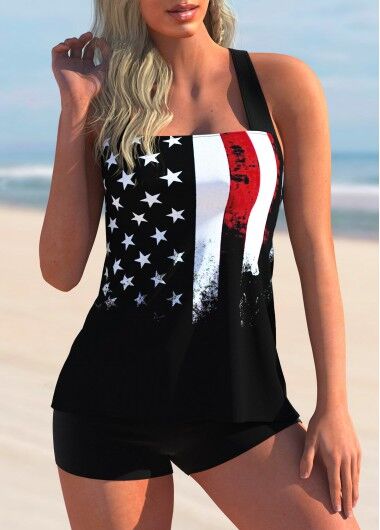 unsigned American Flag Print Cross Strap Tankini Set