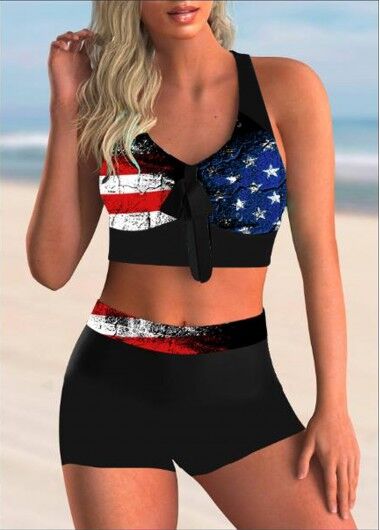 unsigned American Flag Print Bowknot High Waist Bikini Set