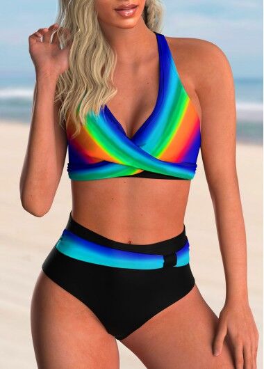 unsigned Rainbow Color Cross Front High Waisted Bikini Set