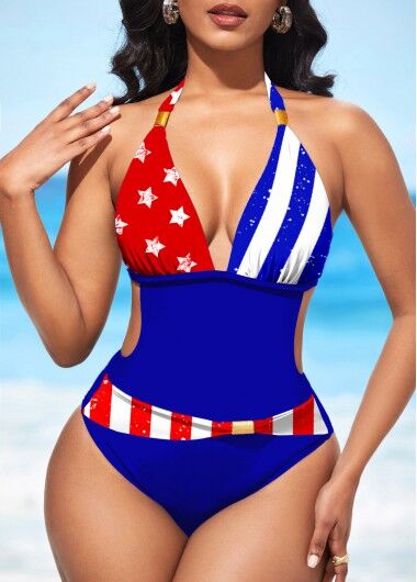 unsigned American Flag Print Halter Color Block One Piece Swimwear