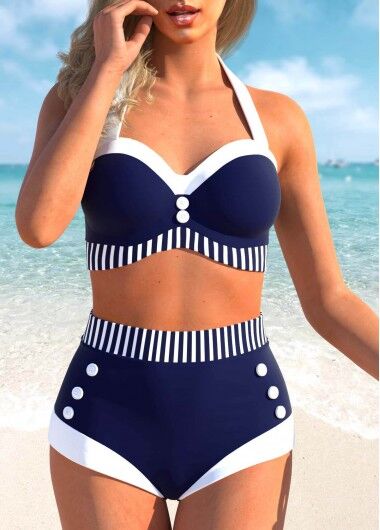 unsigned Button High Waisted Striped Navy Bikini Set