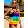 unsigned Rainbow Color Strappy Back Cutout Side Tankini Set