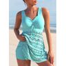 unsigned Lace Stitching Cross Strap Cyan Swimdress and Shorts