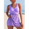 unsigned Lace Stitching Cross Strap Light Purple Swimdress and Shorts